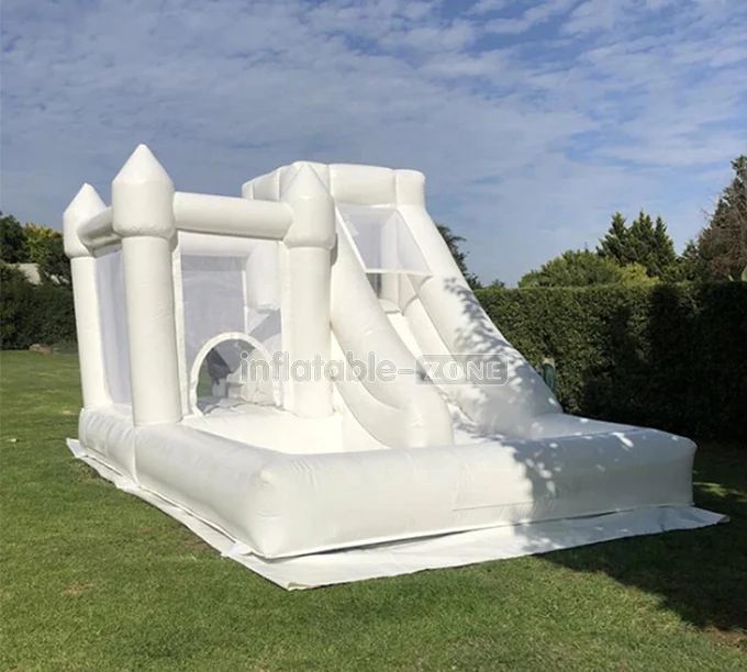 inflatable white bounce house with slide